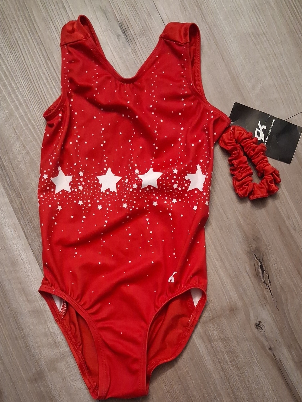 GK Red Star-Print Gymnastics Leotard with Scrunchie Size Child Medium (L)